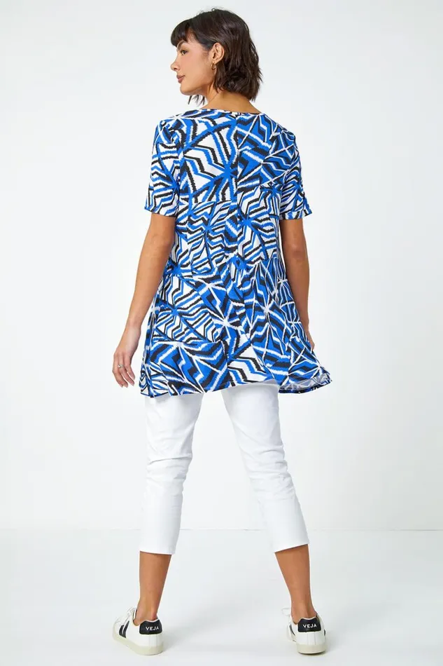 Women Blue Abstract Print VNeck Jersey Tunic Top Roman Tops