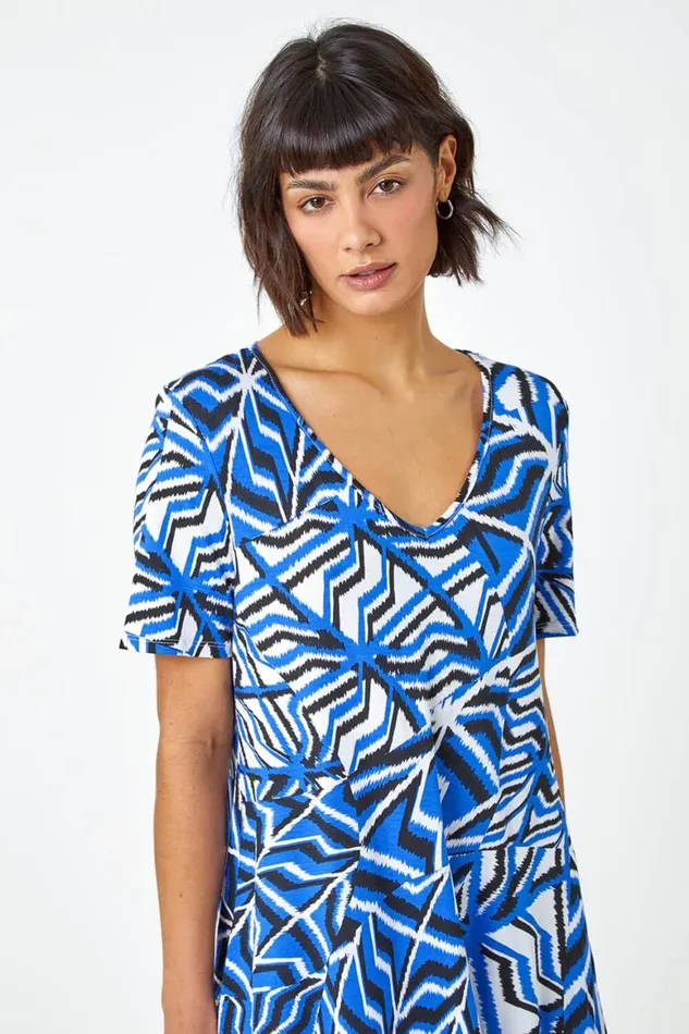Women Blue Abstract Print VNeck Jersey Tunic Top Roman Tops