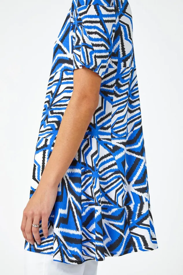 Women Blue Abstract Print VNeck Jersey Tunic Top Roman Tops