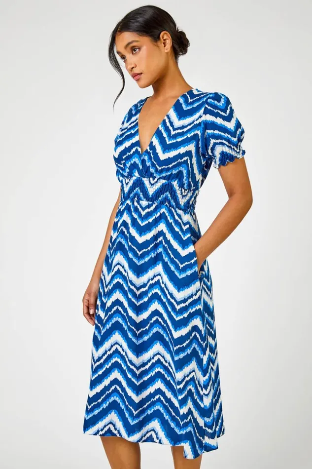 Women Blue Abstract Zig Zag Pocket Tea Dress Roman Dresses