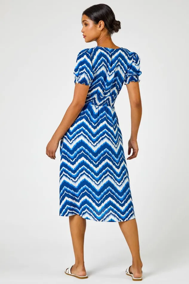 Women Blue Abstract Zig Zag Pocket Tea Dress Roman Dresses
