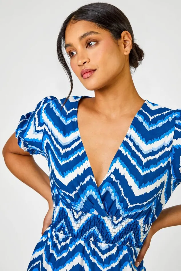 Women Blue Abstract Zig Zag Pocket Tea Dress Roman Dresses
