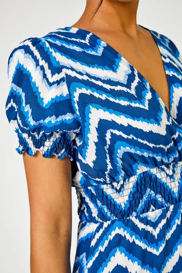 Women Blue Abstract Zig Zag Pocket Tea Dress Roman Dresses