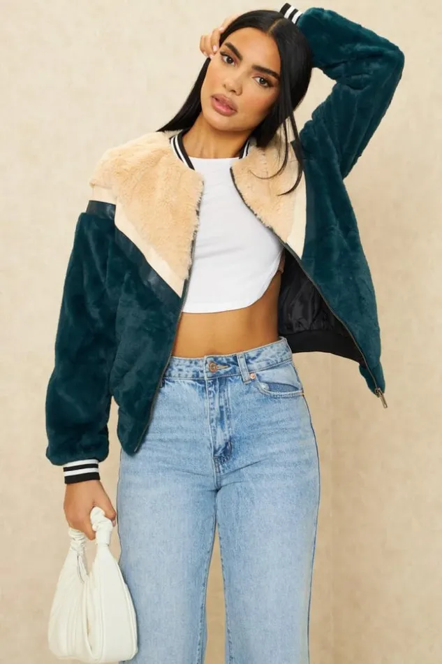 Women Blue And Beige Fur Jacket Blue Brentiny Paris Jackets
