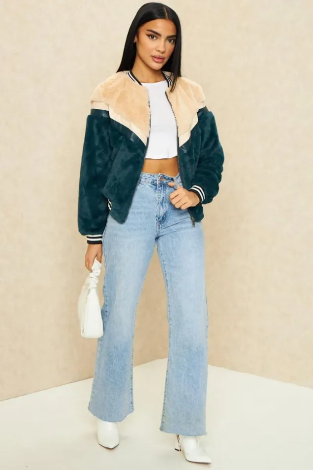 Women Blue And Beige Fur Jacket Blue Brentiny Paris Jackets