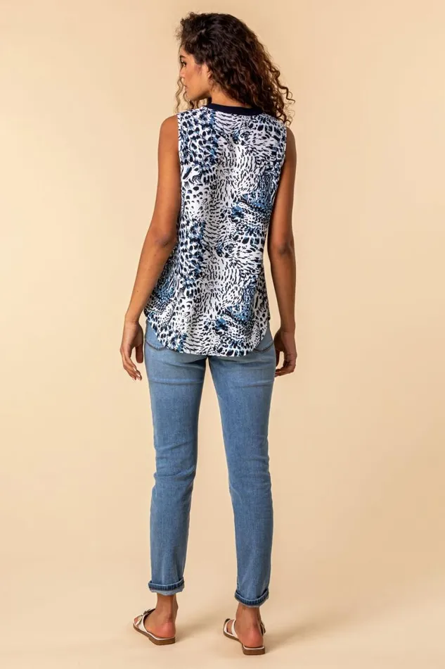 Women Blue Animal Print Zip Detail Top Roman Tops
