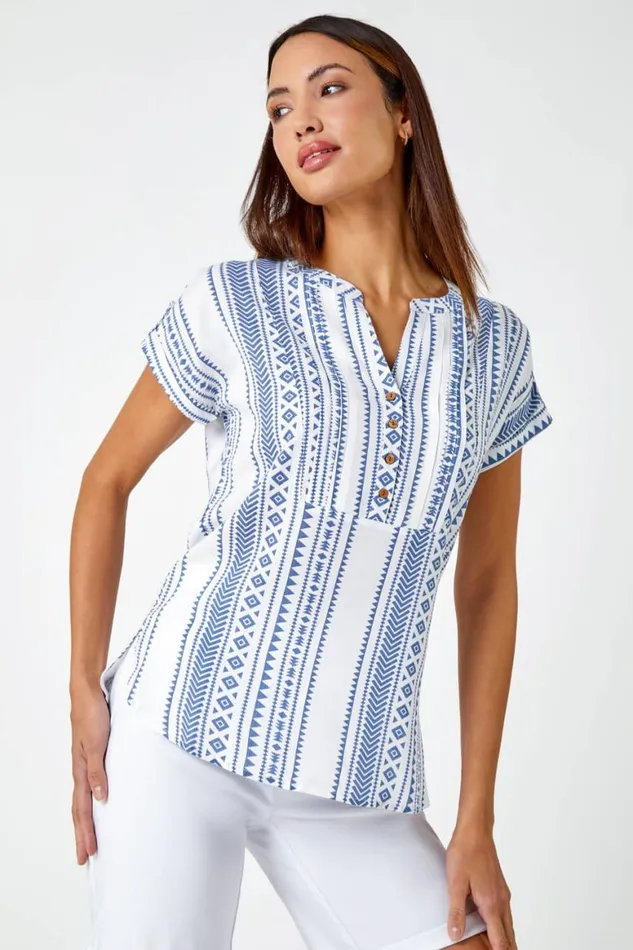 Women Blue Aztec Print Button VNeck Detail Top Roman Tops