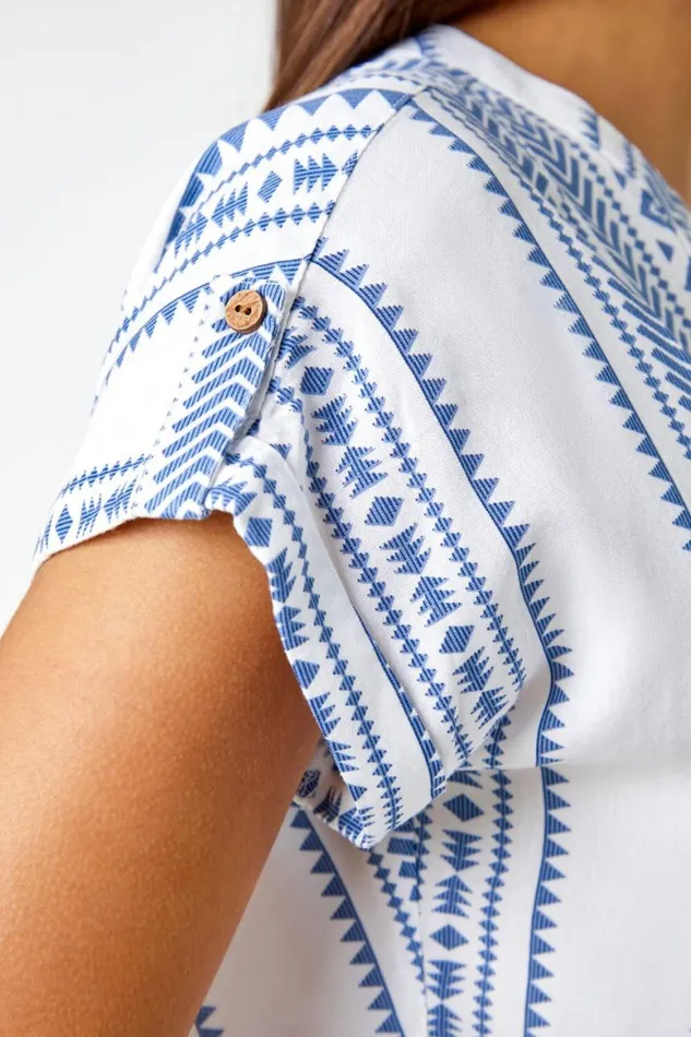 Women Blue Aztec Print Button VNeck Detail Top Roman Tops