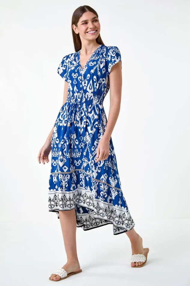 Women Blue Aztec Print Dipped Hem Midi Dress Roman Dresses
