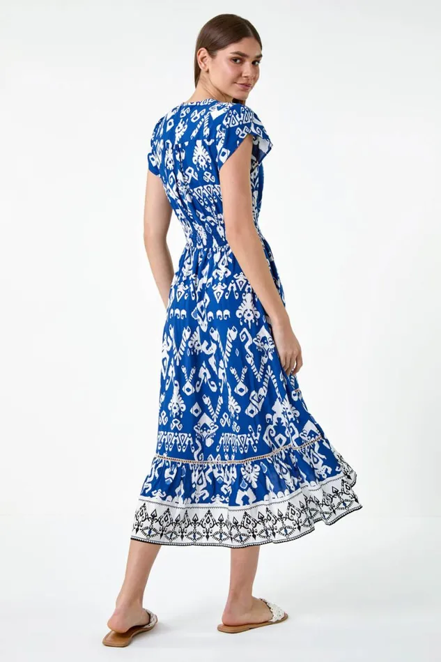 Women Blue Aztec Print Dipped Hem Midi Dress Roman Dresses