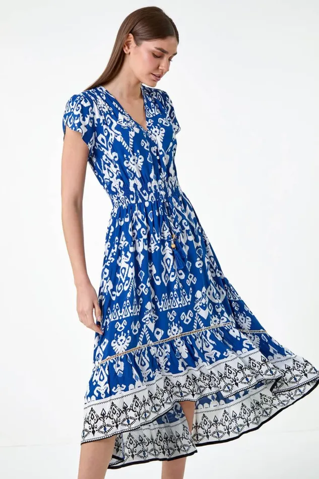 Women Blue Aztec Print Dipped Hem Midi Dress Roman Dresses