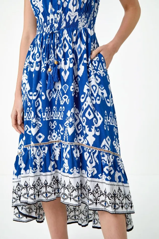 Women Blue Aztec Print Dipped Hem Midi Dress Roman Dresses
