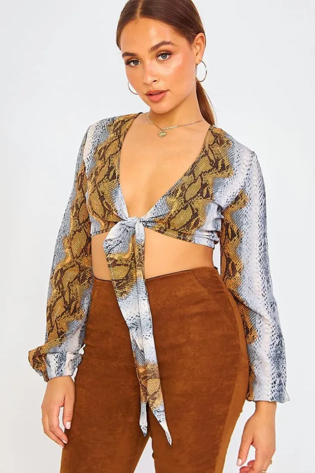 Women Blue Brown Python Print Wrap Top Brown Brentiny Paris Lace Tops