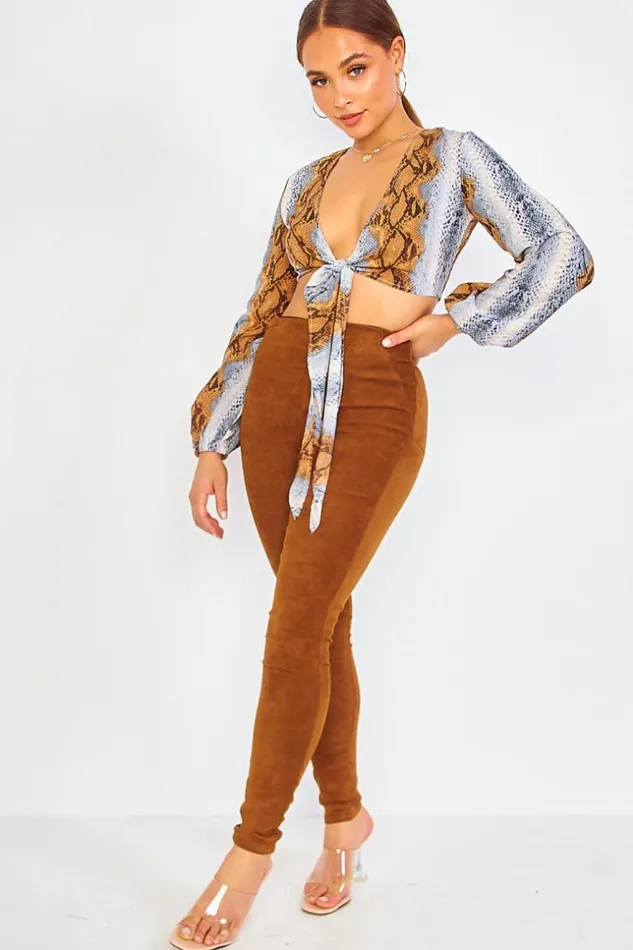 Women Blue Brown Python Print Wrap Top Brown Brentiny Paris Lace Tops