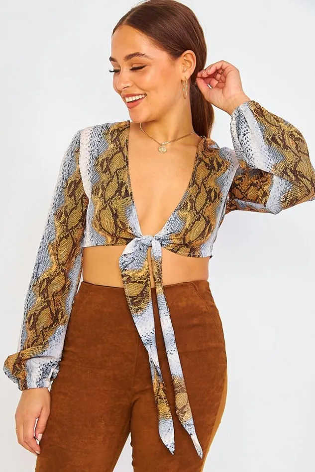 Women Blue Brown Python Print Wrap Top Brown Brentiny Paris Lace Tops