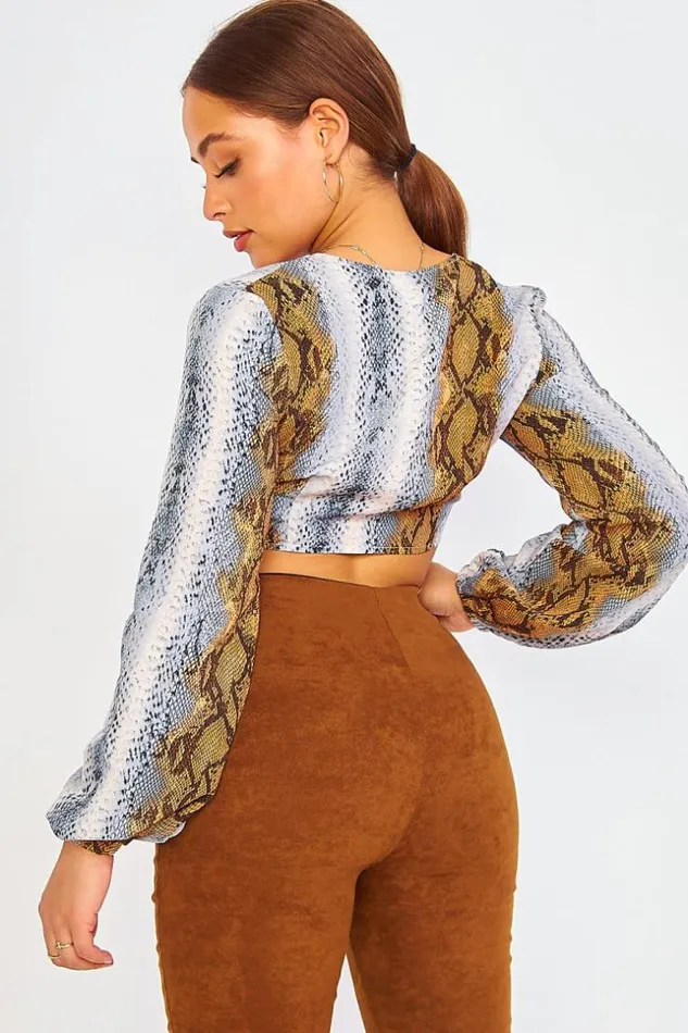 Women Blue Brown Python Print Wrap Top Brown Brentiny Paris Lace Tops