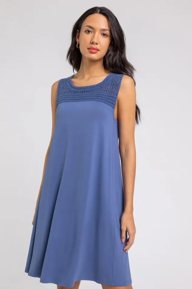 Women Blue Crochet Yoke ALine Jersey Dress Roman Dresses