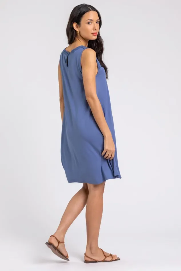 Women Blue Crochet Yoke ALine Jersey Dress Roman Dresses