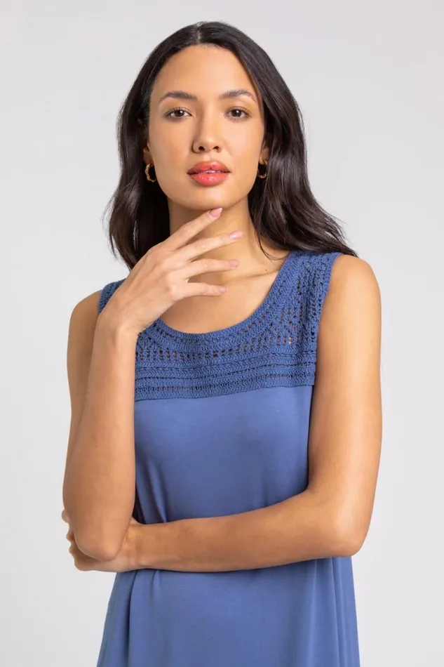 Women Blue Crochet Yoke ALine Jersey Dress Roman Dresses
