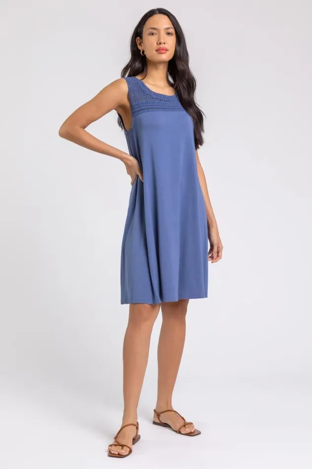 Women Blue Crochet Yoke ALine Jersey Dress Roman Dresses