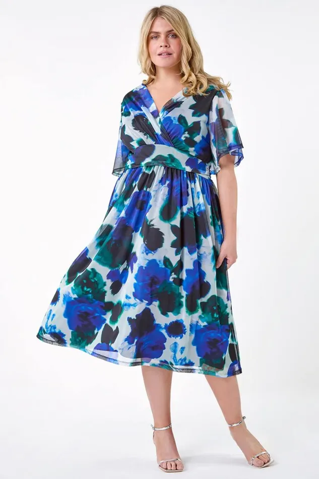 Women Blue Curve Abstract Print Stretch Mesh Wrap Dress Roman Dresses