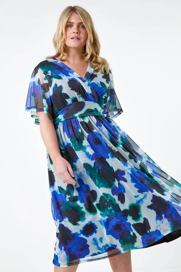 Women Blue Curve Abstract Print Stretch Mesh Wrap Dress Roman Dresses
