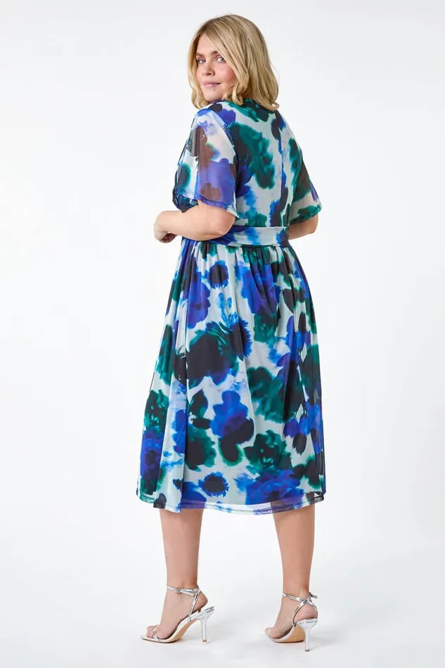 Women Blue Curve Abstract Print Stretch Mesh Wrap Dress Roman Dresses