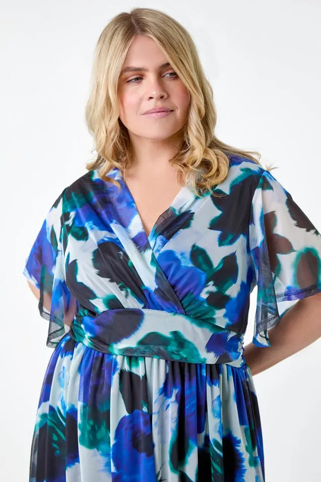 Women Blue Curve Abstract Print Stretch Mesh Wrap Dress Roman Dresses