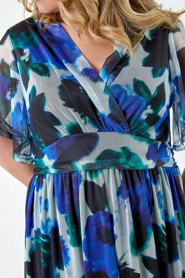Women Blue Curve Abstract Print Stretch Mesh Wrap Dress Roman Dresses