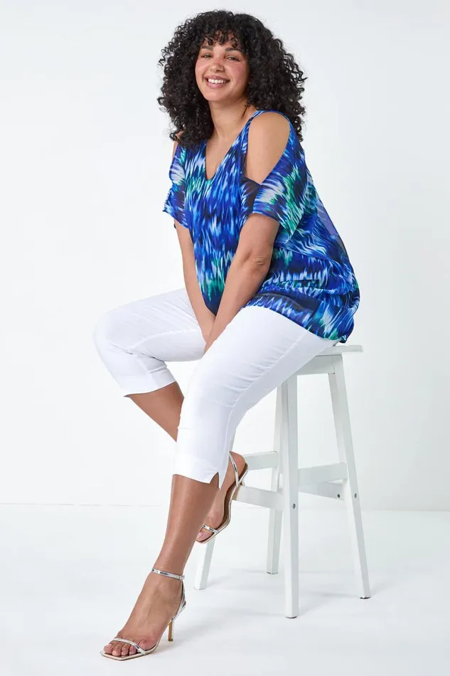 Women Blue Curve Abstract Print VNeck Overlay Top Roman Tops