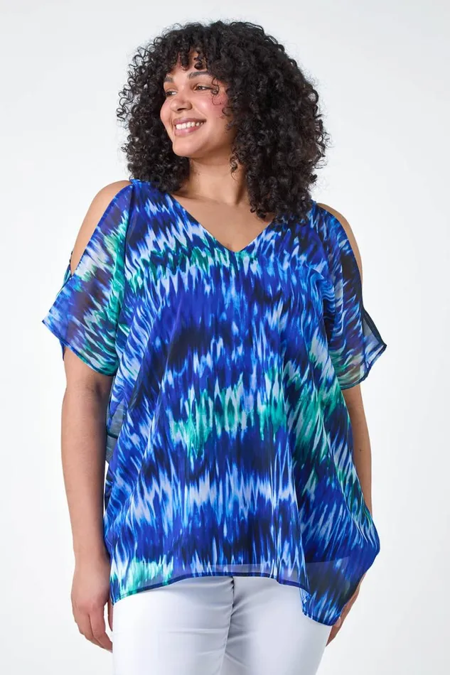 Women Blue Curve Abstract Print VNeck Overlay Top Roman Tops