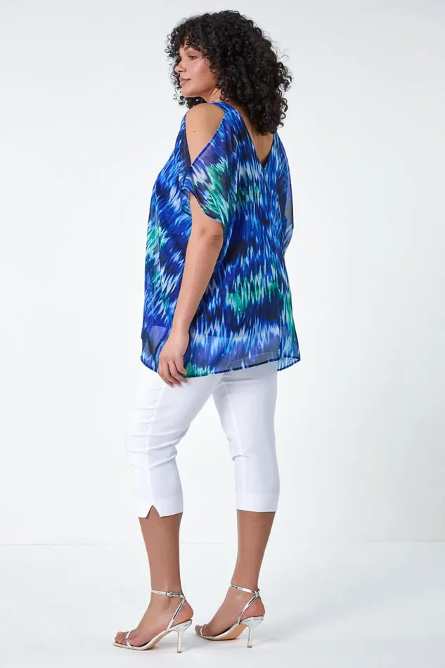 Women Blue Curve Abstract Print VNeck Overlay Top Roman Tops