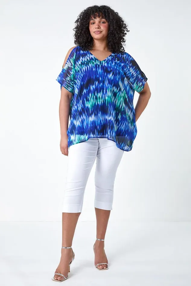 Women Blue Curve Abstract Print VNeck Overlay Top Roman Tops