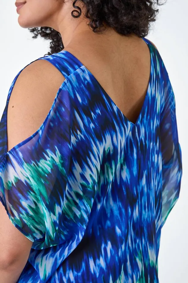 Women Blue Curve Abstract Print VNeck Overlay Top Roman Tops