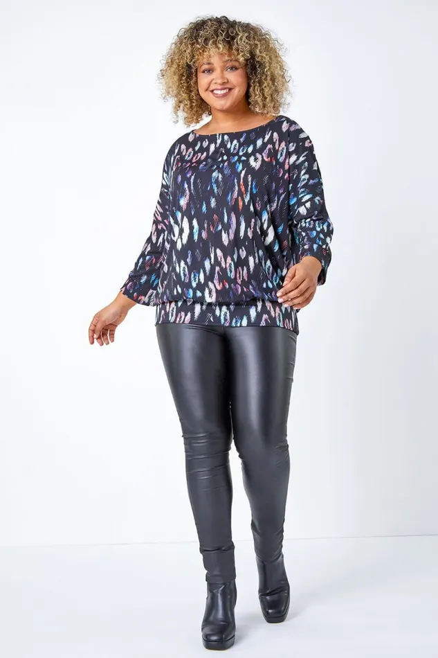 Women Blue Curve Animal Print Split Sleeve Stretch Top Roman Tops