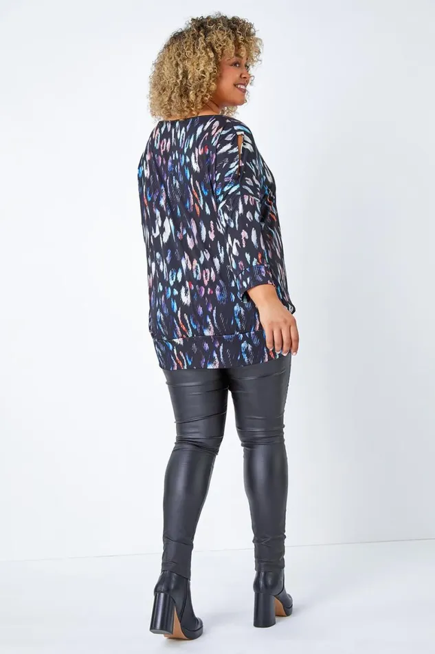 Women Blue Curve Animal Print Split Sleeve Stretch Top Roman Tops