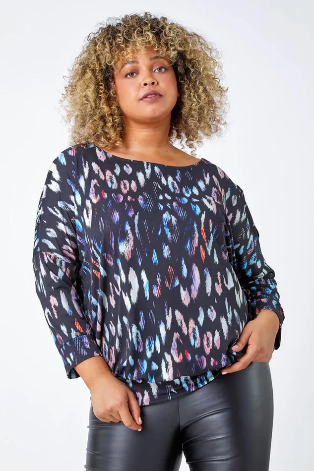 Women Blue Curve Animal Print Split Sleeve Stretch Top Roman Tops