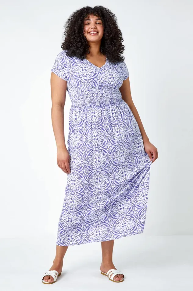 Women Blue Curve Aztec Print Shirred Midi Dress Roman Dresses