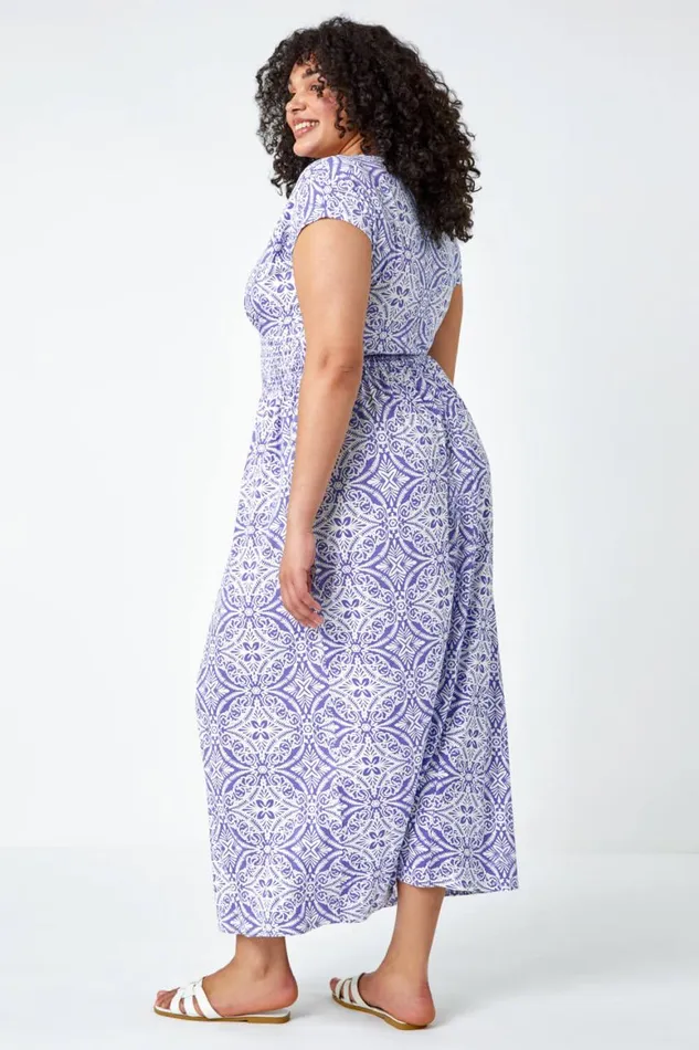 Women Blue Curve Aztec Print Shirred Midi Dress Roman Dresses