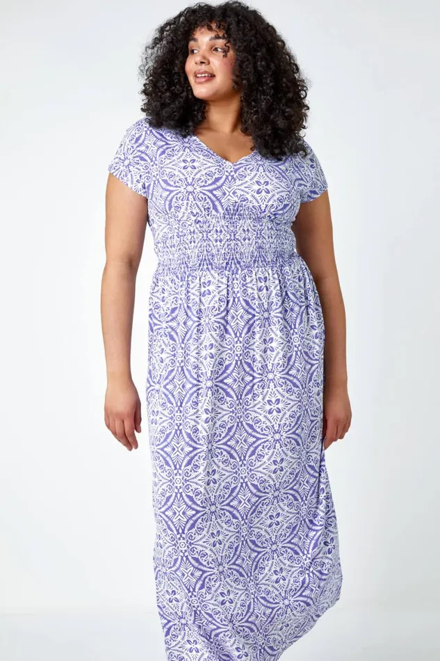 Women Blue Curve Aztec Print Shirred Midi Dress Roman Dresses