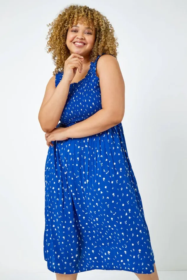 Women Blue Curve Shirred Frill Detail Midi Dress Roman Dresses