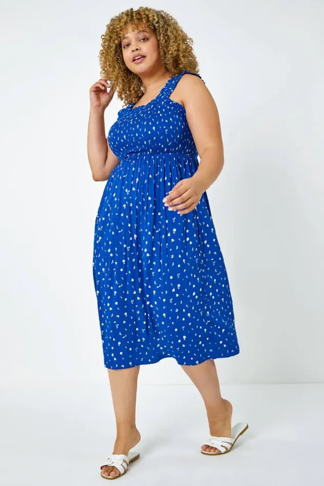 Women Blue Curve Shirred Frill Detail Midi Dress Roman Dresses