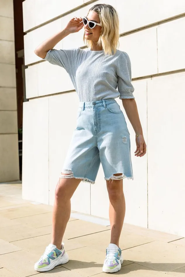 Women Blue Distressed Denim Bermuda Shorts Roman Shorts