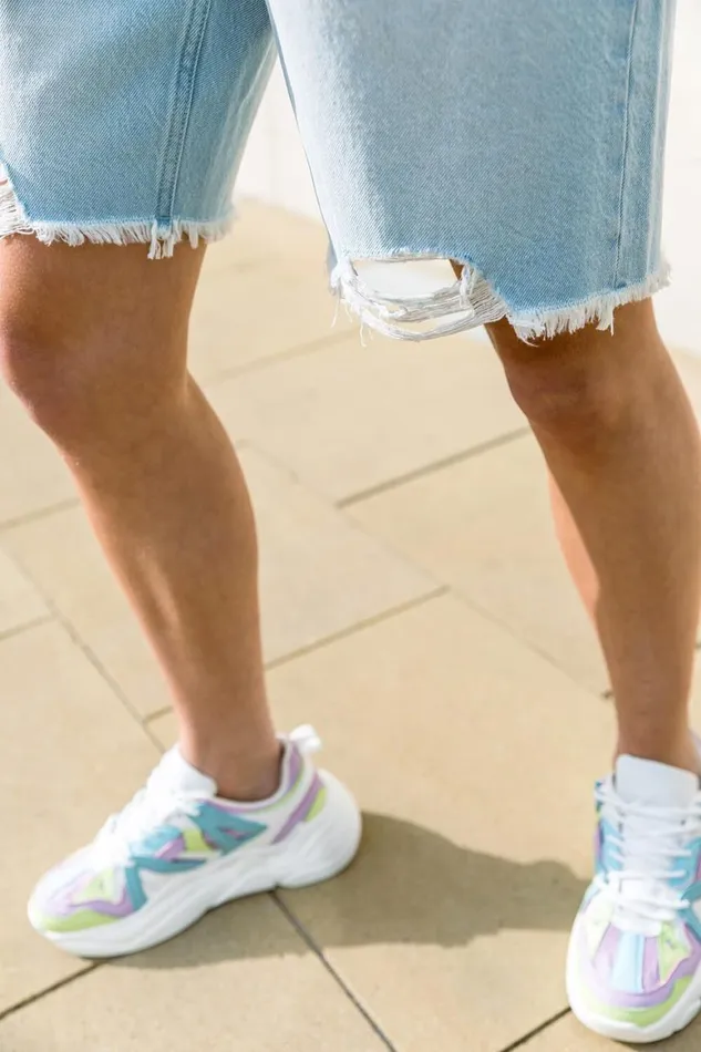 Women Blue Distressed Denim Bermuda Shorts Roman Shorts