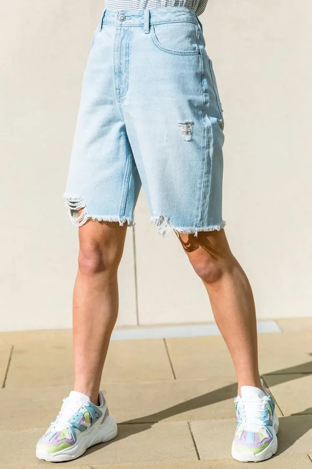 Women Blue Distressed Denim Bermuda Shorts Roman Shorts