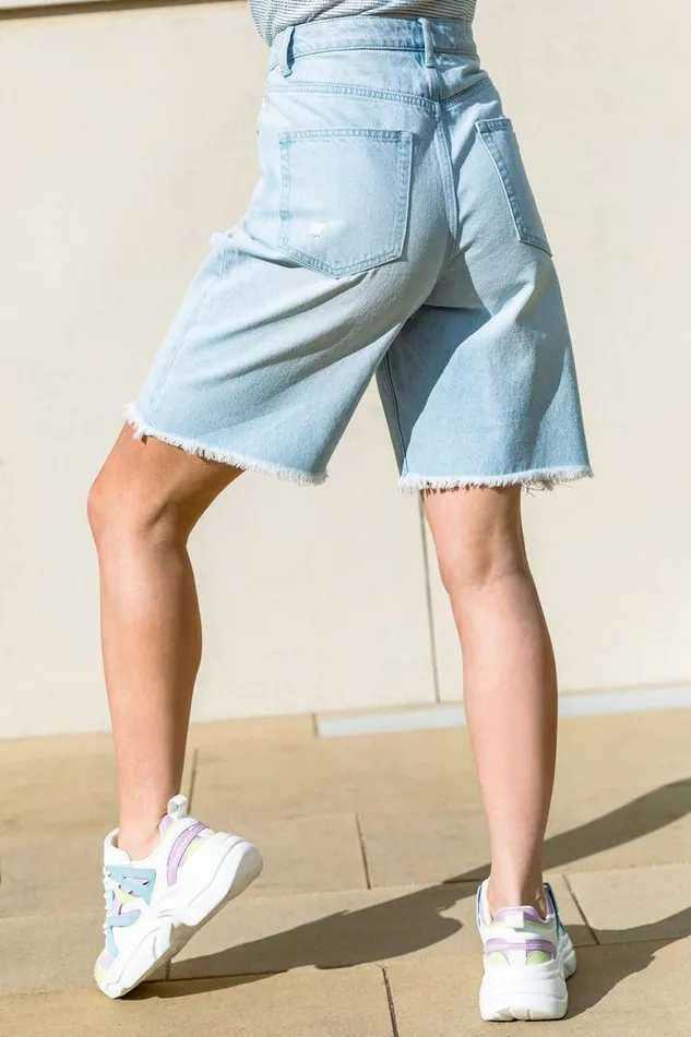 Women Blue Distressed Denim Bermuda Shorts Roman Shorts