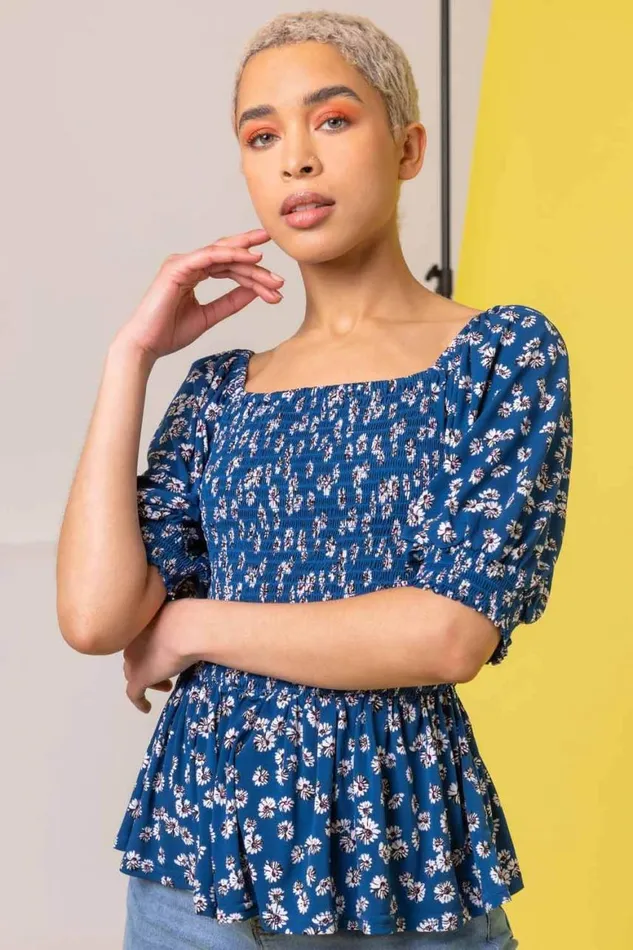 Women Blue Ditsy Floral Print Shirred Top Roman Tops