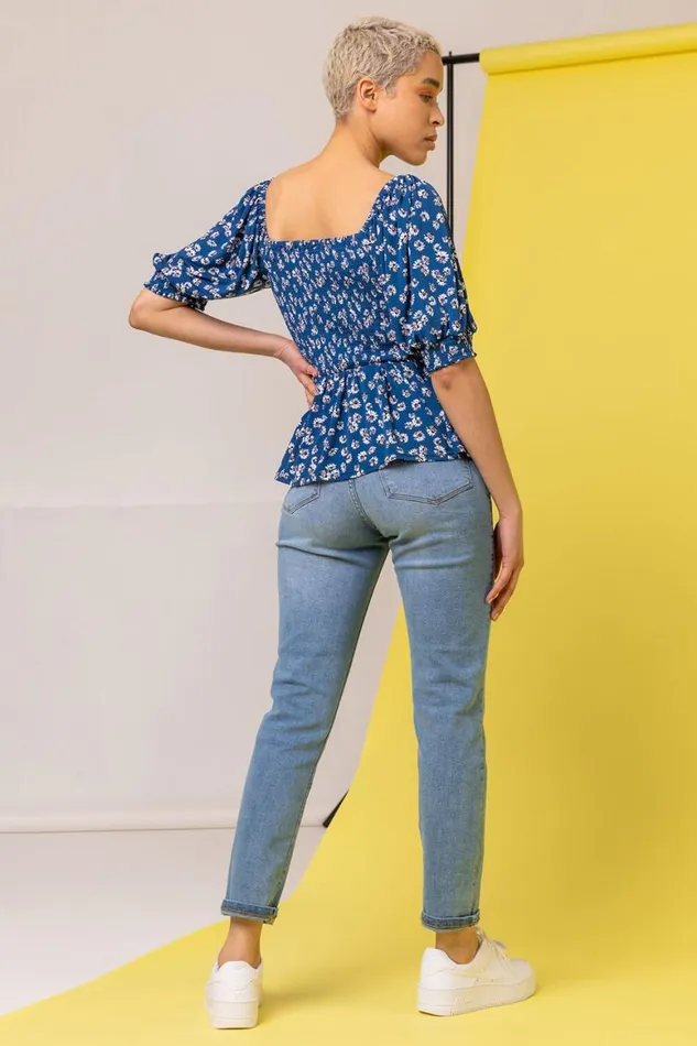 Women Blue Ditsy Floral Print Shirred Top Roman Tops