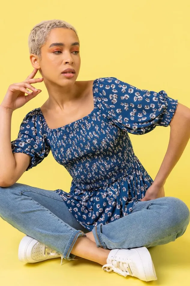 Women Blue Ditsy Floral Print Shirred Top Roman Tops
