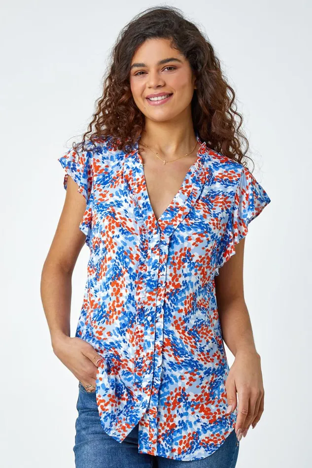 Women Blue Ditsy Spot Button Through Frill VNeck Blouse Roman Tops
